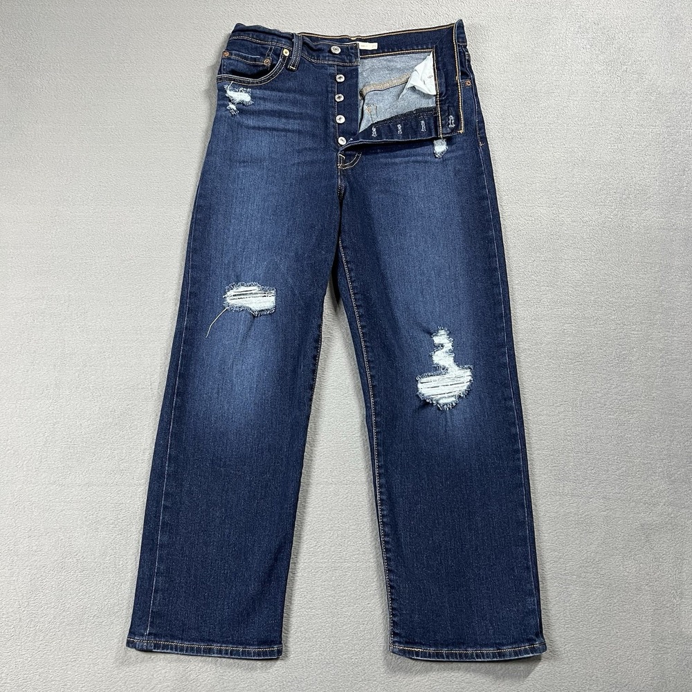 Levis Jeans Womens 29 Blue Ribcage Straight Ankle High Rise Dark Wash Button Fly